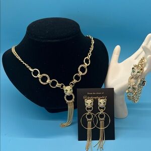 Guess Gold-Tone Necklace, Earrings & Bracelet Set with Green Accents
